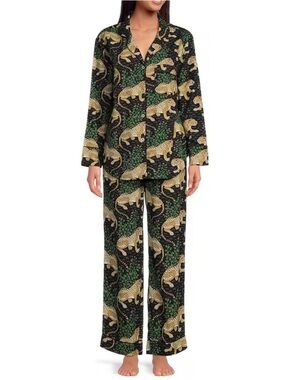 2 Chic Cotton Poplin Leopard Print Long Sleeve Notch Collar Pajama Set sz Small